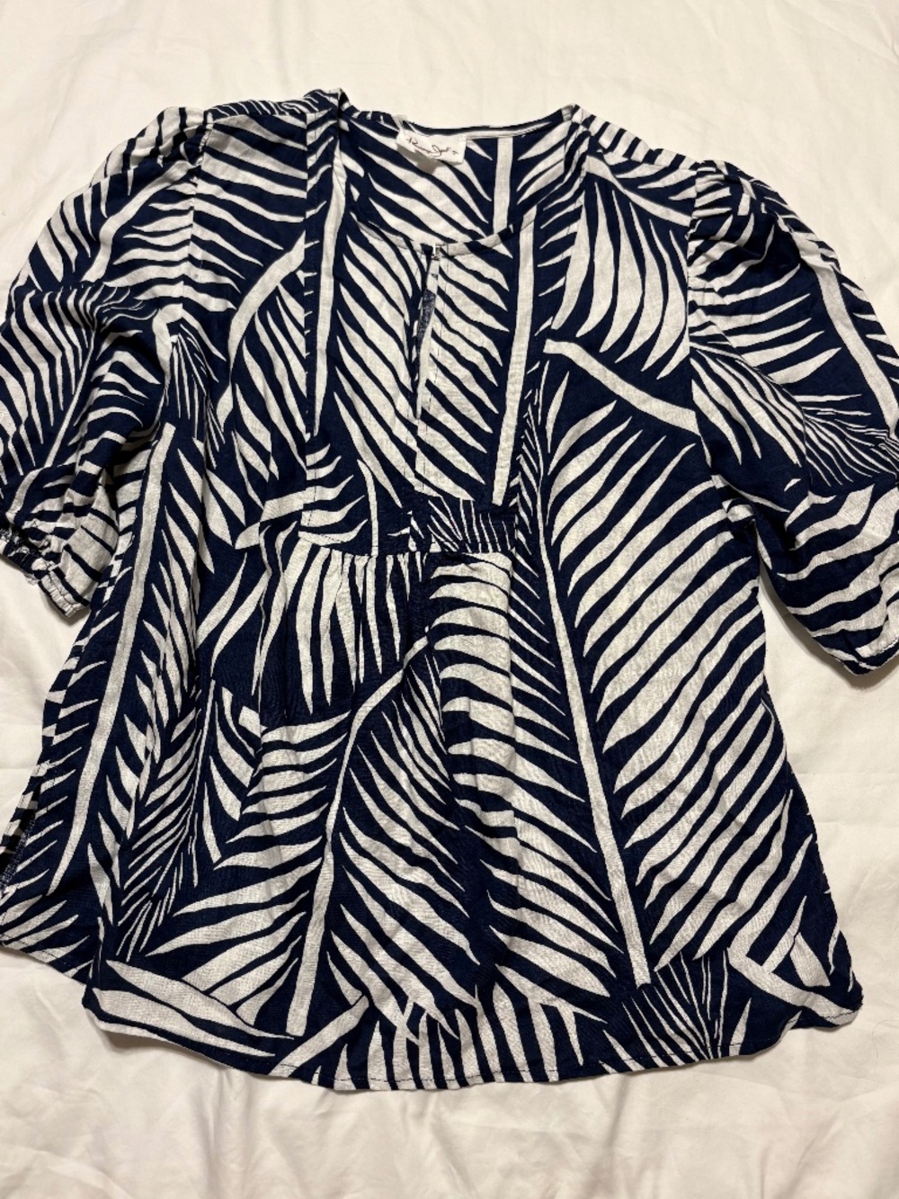 Panama Jack Linen Blend Tropical Palm Puff Sleeve Blouse Top Navy White Large NW